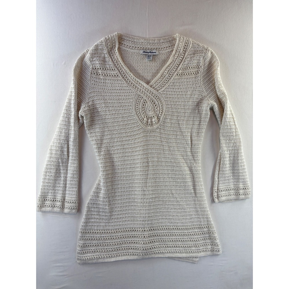 Tommy Bahama Womens Medium Linen Crochet Knit Metallic Shimmer V-Neck Tunic Crea